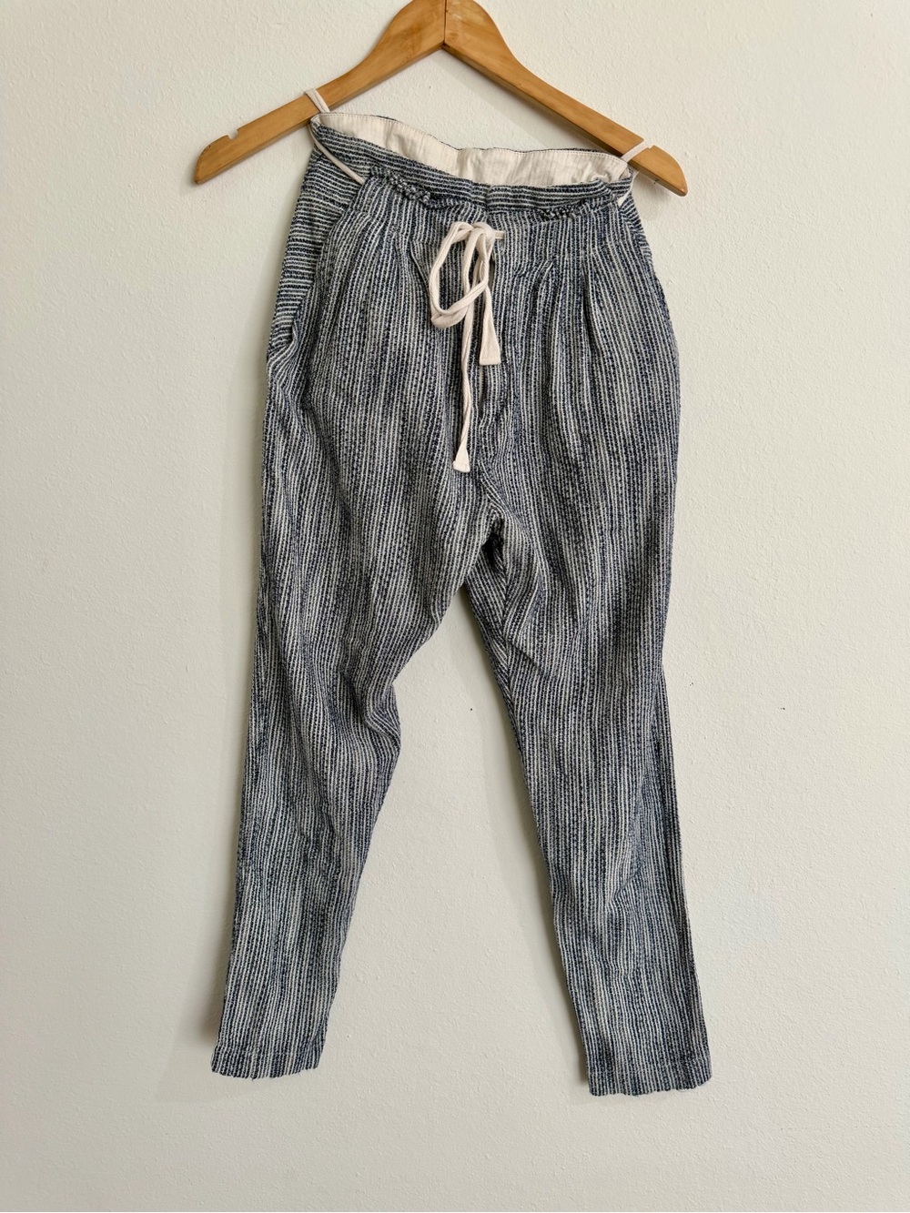 Free People Textured Striped Cotton Drawstring Pants Size 0 Navy Ivory